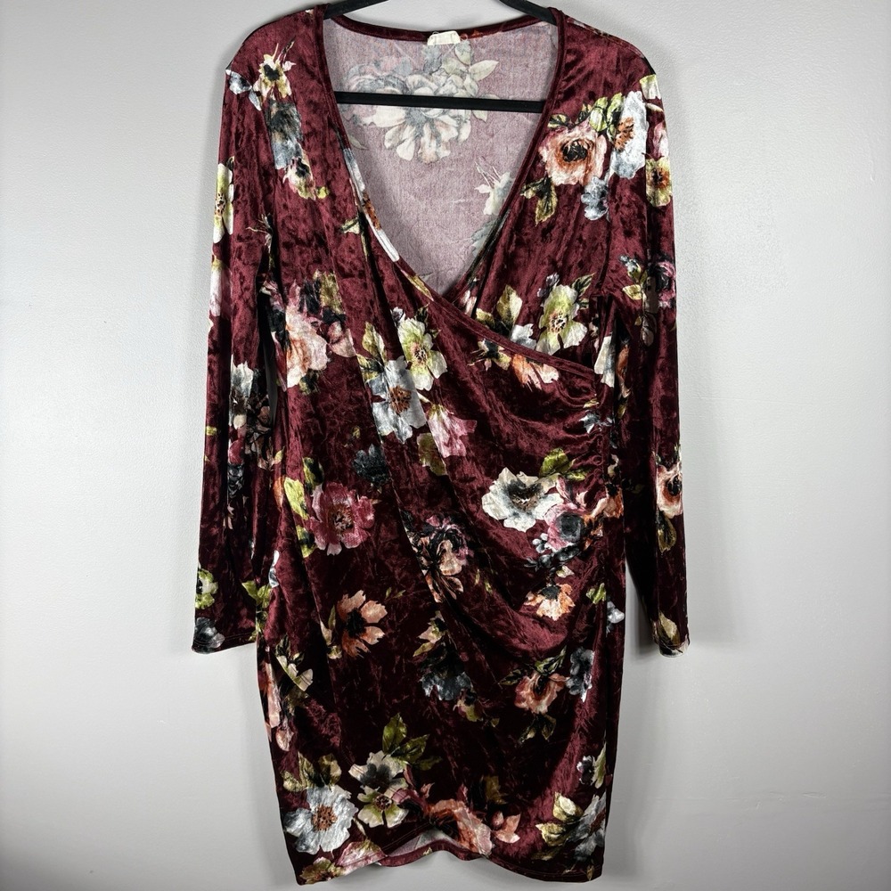 Women's 2XL Burgundy Velvet Floral Ruched Deep V Neck Long Sleeve‎ Bodycon Dress